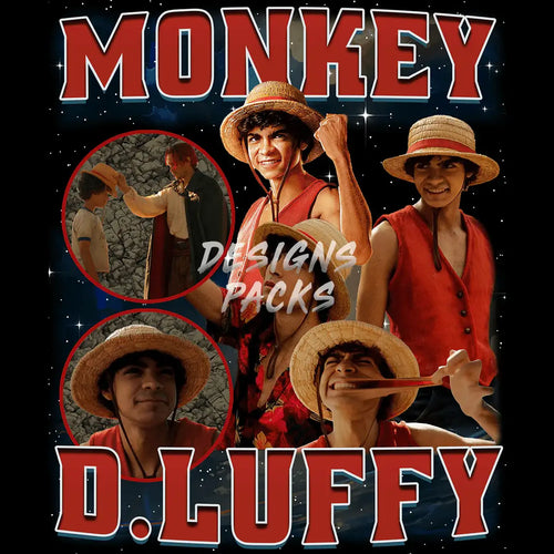 Monkey D. Luffy anime character collage with straw hat, red vest, and starry background for t-shirt designs