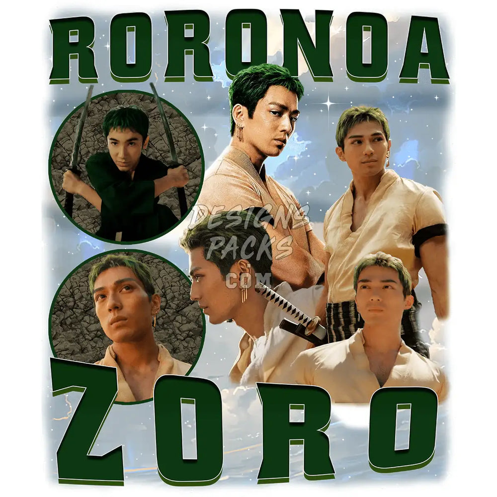 Roronoa Zoro anime design with swords and green text, ideal for DTF/DTG prints and embroidery