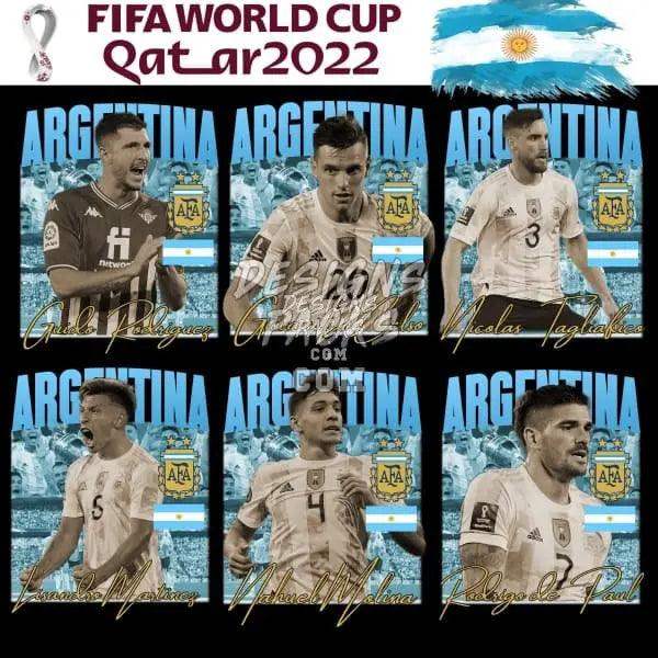 Argentina FIFA World Cup Qatar 2022 soccer players in team jerseys with AFA logo