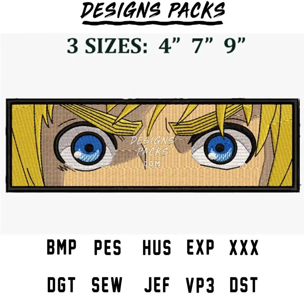 Anime character eyes embroidery design in 3 sizes, available in PES, DST, and other formats