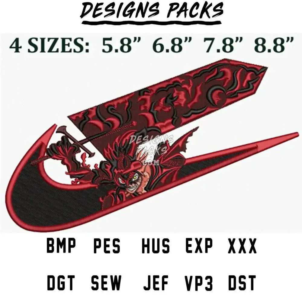 Red and black dragon embroidery design in Nike swoosh, 4 sizes, PES, DST, EXP formats