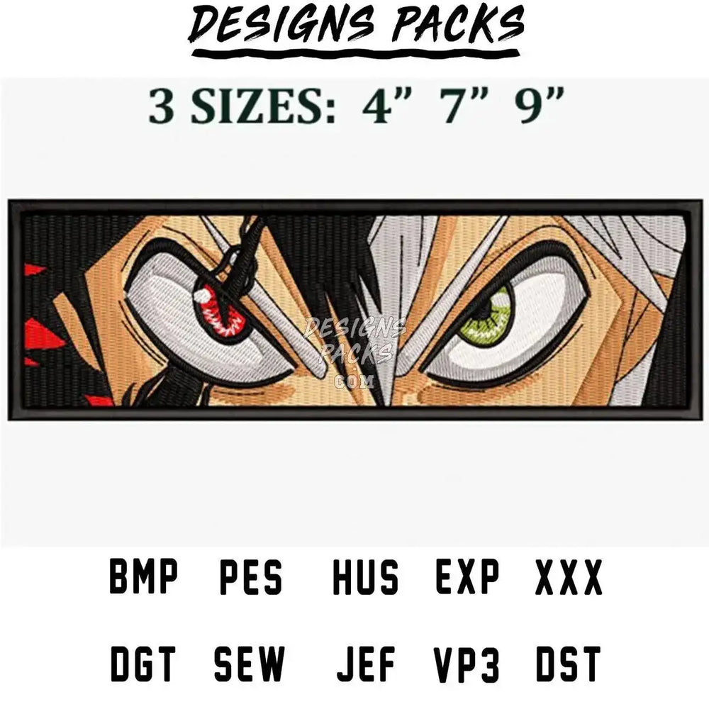 Embroidery design featuring anime-style eyes in 3 sizes, available in PES, DST, and other formats