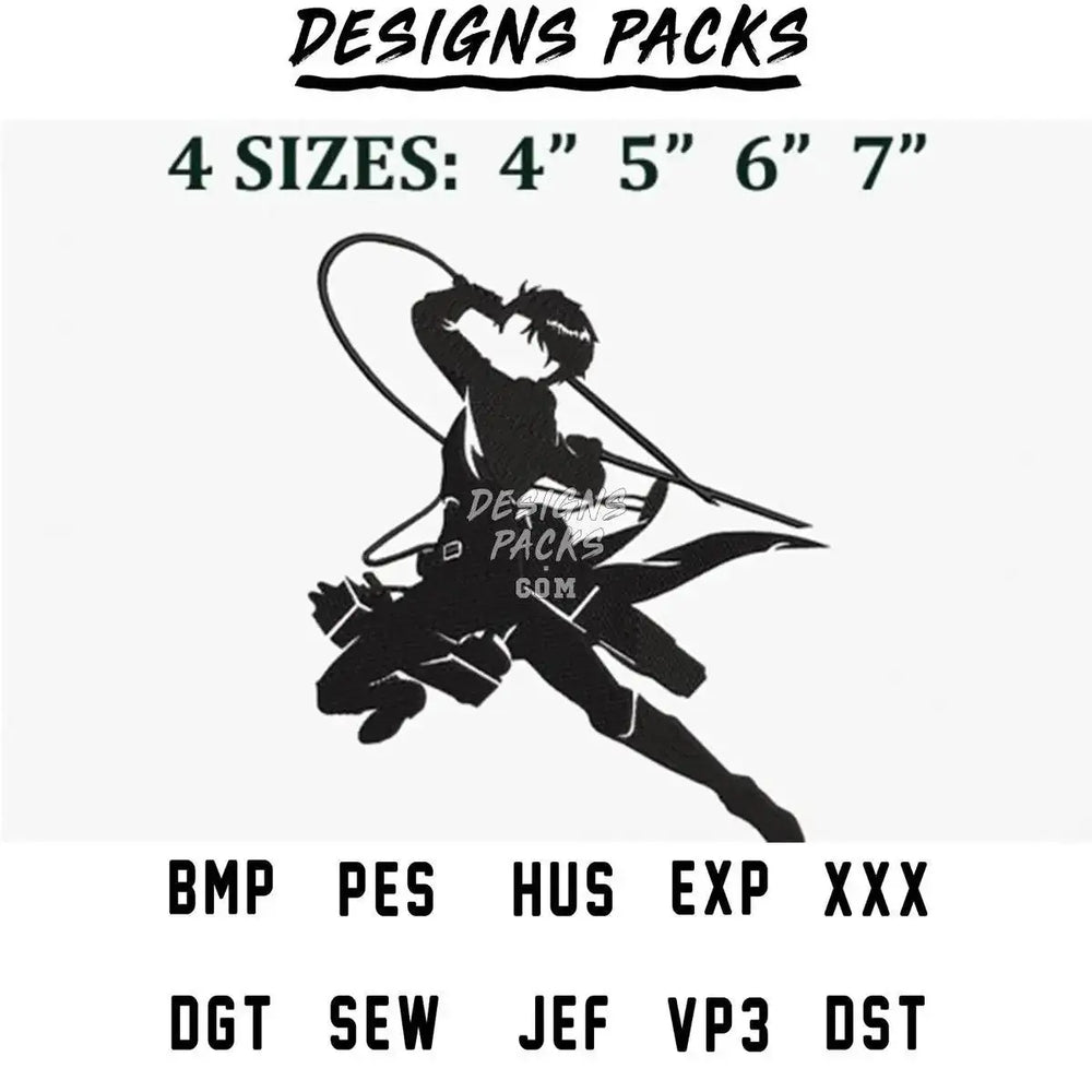 Anime character silhouette with 3D gear, available in 4 sizes and multiple embroidery formats