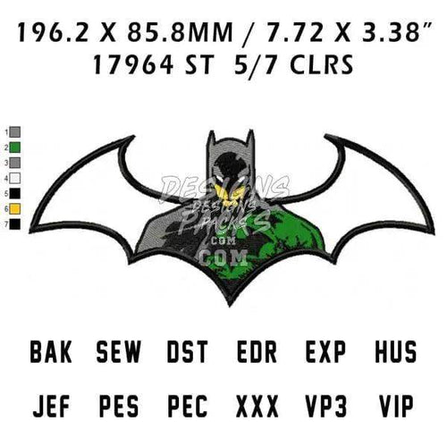 Batman embroidery design with 5/7 colors, 196.2 x 85.8mm, compatible with PES, DST, EXP formats