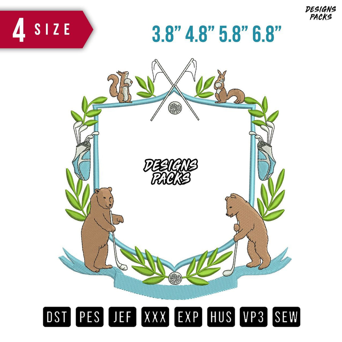 Bear Golf Badge Line Embroidery Design