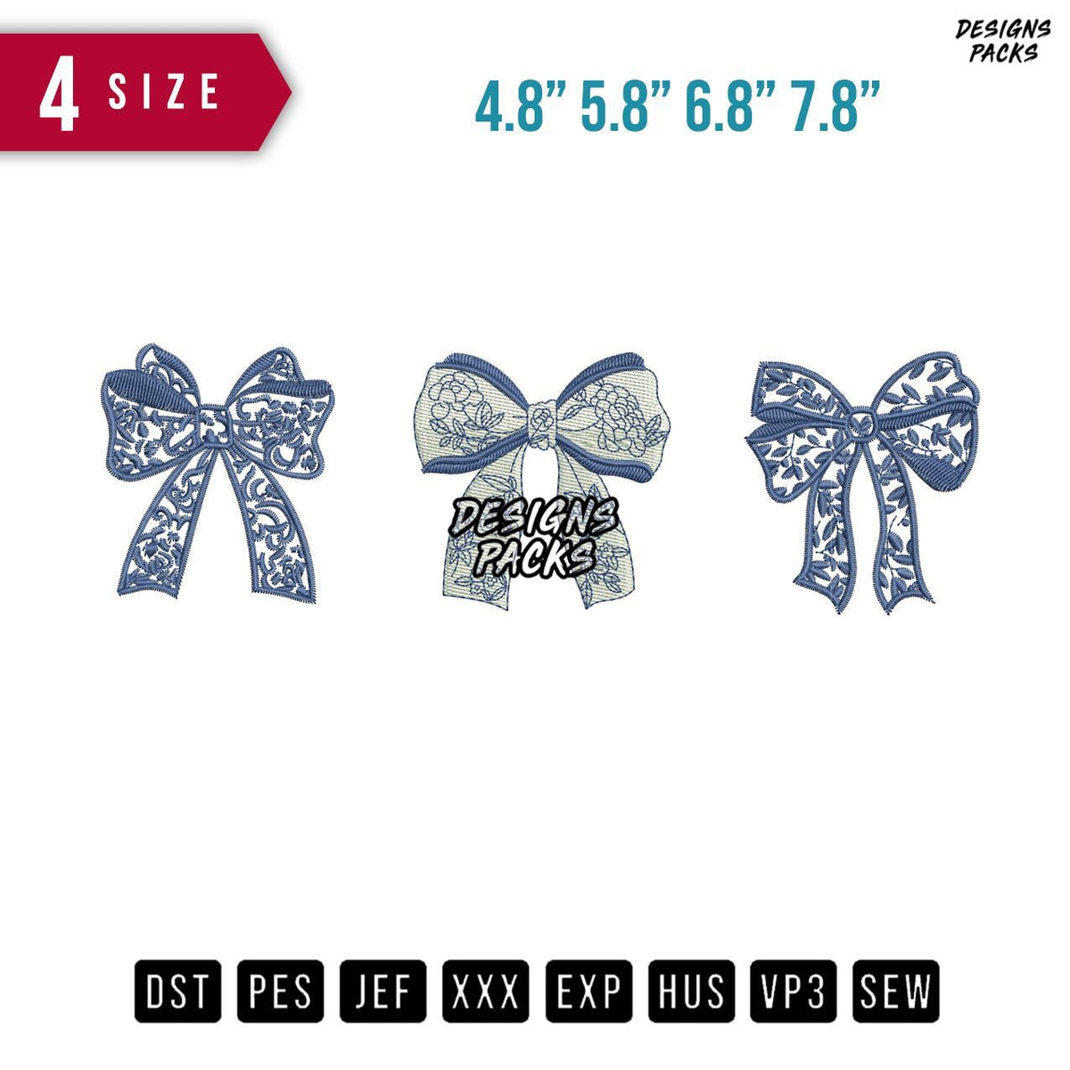 Blue Floral Bows Embroidery Design