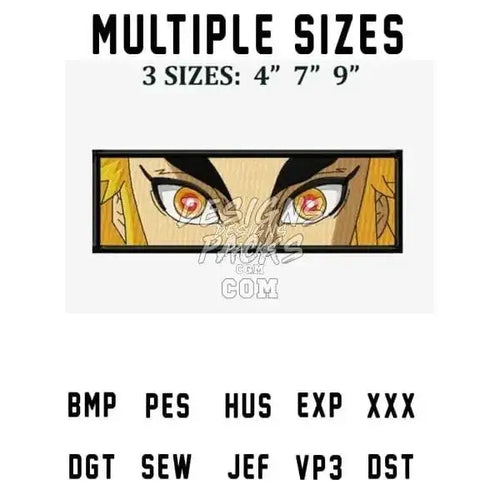 Anime eyes embroidery design in multiple sizes, compatible with PES, DST, and other formats