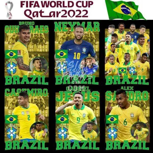 Brazil FIFA World Cup 2022 soccer players in yellow jerseys with team flags and names