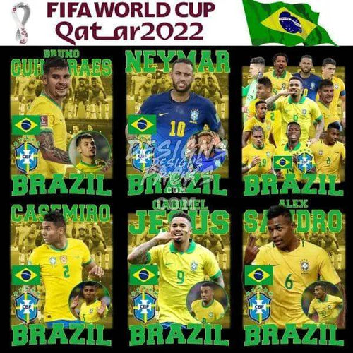 Brazil FIFA World Cup 2022 soccer players in yellow jerseys with team flags and names