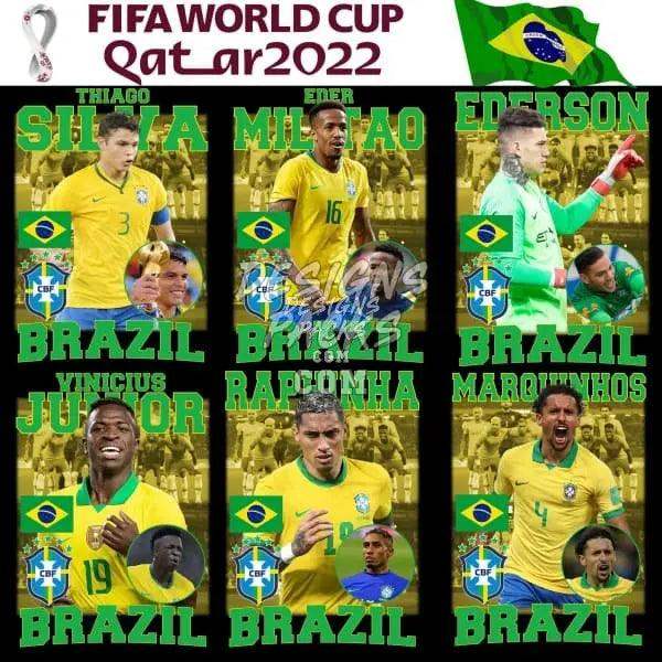 Brazil FIFA World Cup 2022 soccer players in yellow jerseys with team flags and names