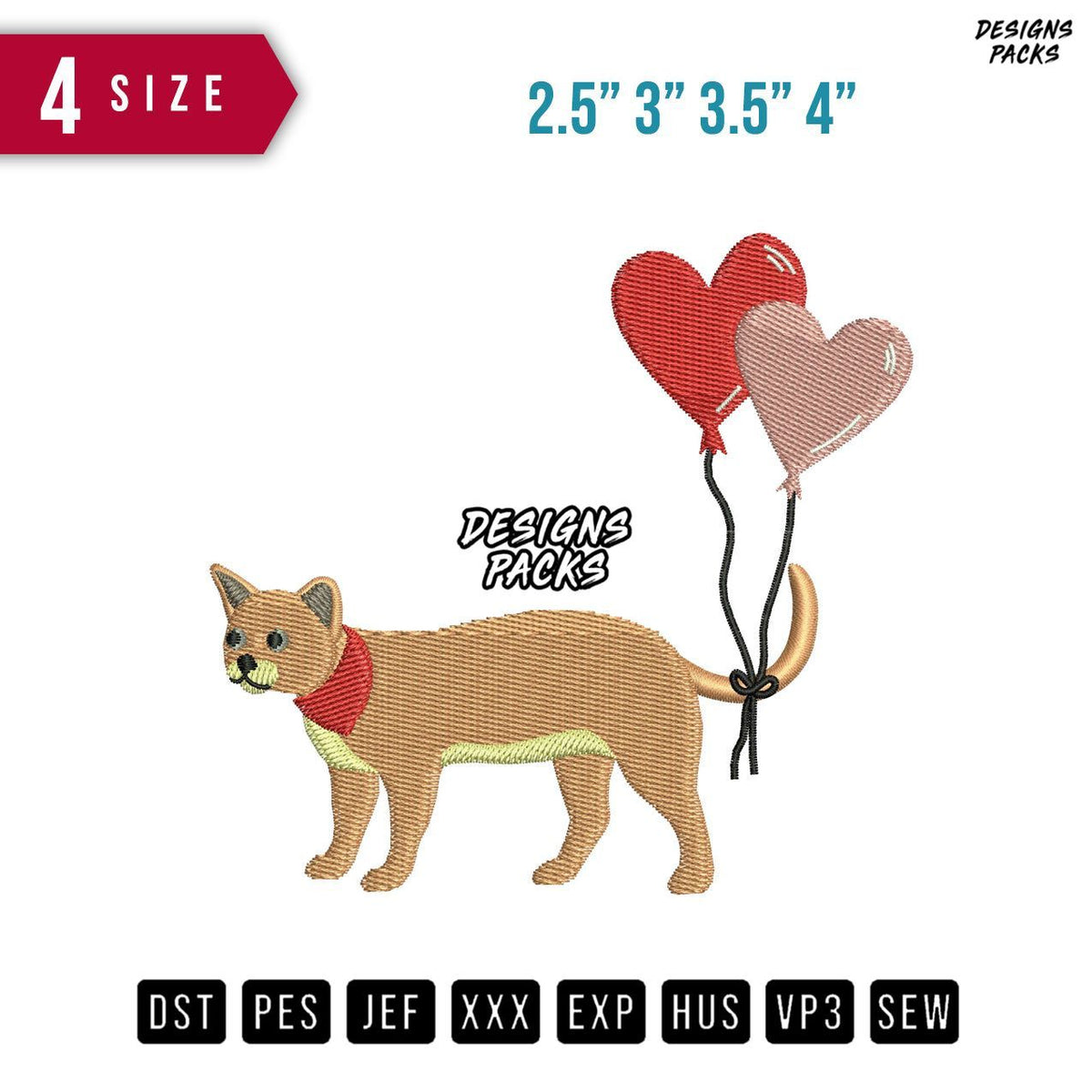 Cat Balloon Hearts Embroidery Design
