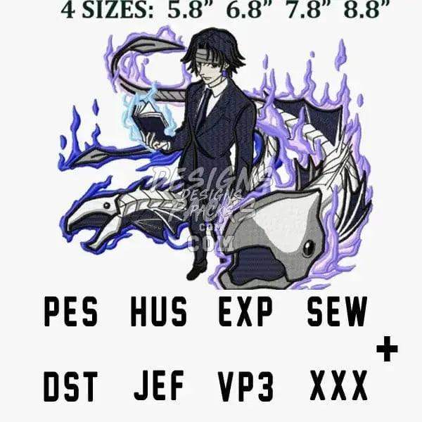 Anime-style embroidery design with dragon, 4 sizes, PES HUS EXP SEW DST JEF VP3 XXX formats
