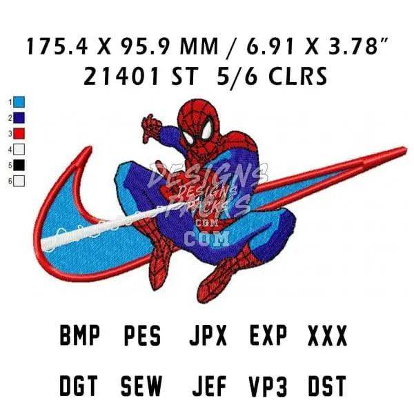Spider-Man embroidery design in dynamic pose, 5/6 colors, PES/BMP/JPX formats, print-ready for DTG/DTF