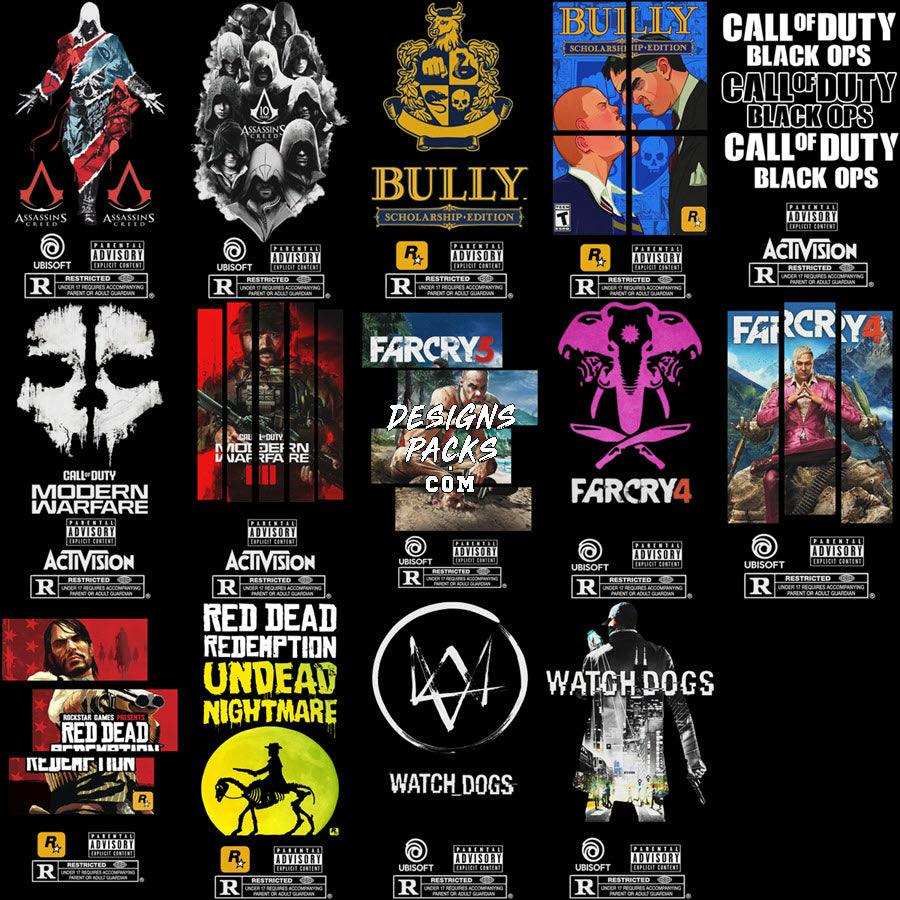 Video game cover art collection including Assassin's Creed, Bully, Far Cry, Red Dead Redemption, and Watch Dogs