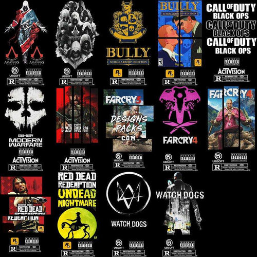 Video game cover art collection including Assassin's Creed, Bully, Far Cry, Red Dead Redemption, and Watch Dogs