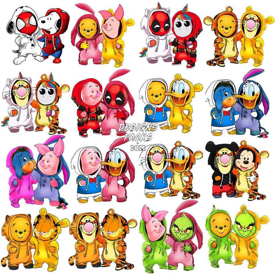 Cute cartoon character pairs in colorful hoodies, perfect for DTF, DTG, embroidery & tumbler designs