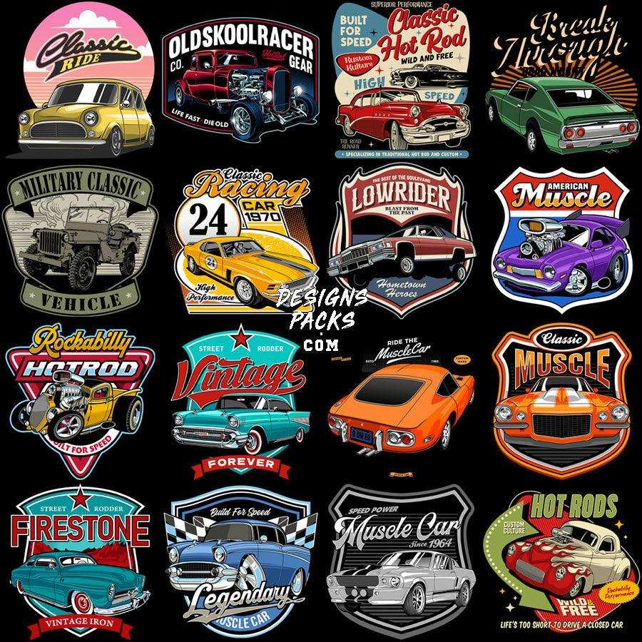 Vintage hot rod and muscle car designs for DTF, DTG, embroidery, and tumbler wraps