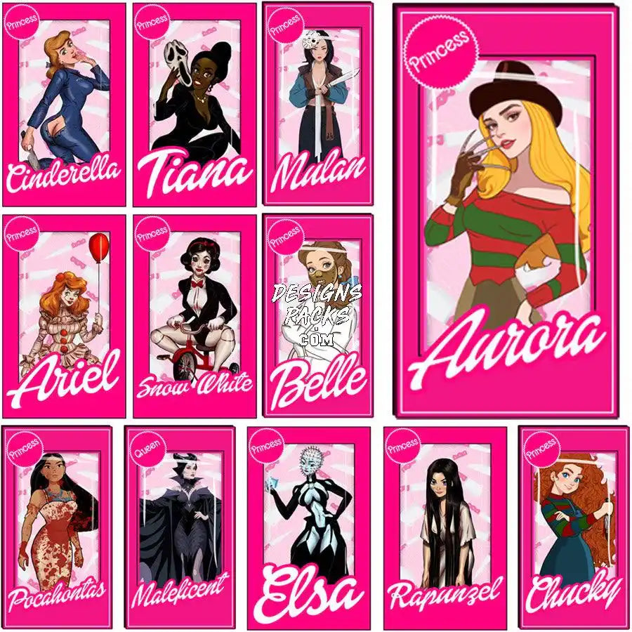 Princess-themed digital designs for DTF/DTG, embroidery, and tumbler wraps featuring iconic characters.
