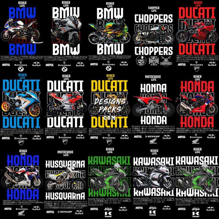 Motorcycle designs for DTF/DTG, embroidery, and tumbler wraps featuring BMW, Ducati, Honda, and Kawasaki bikes.