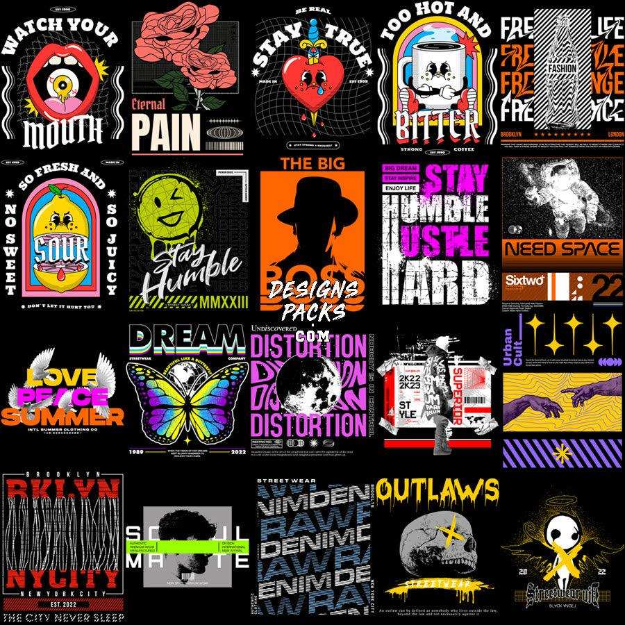 Print-ready DTF DTG embroidery designs bundle with bold graphics, quotes, and streetwear art for t-shirts