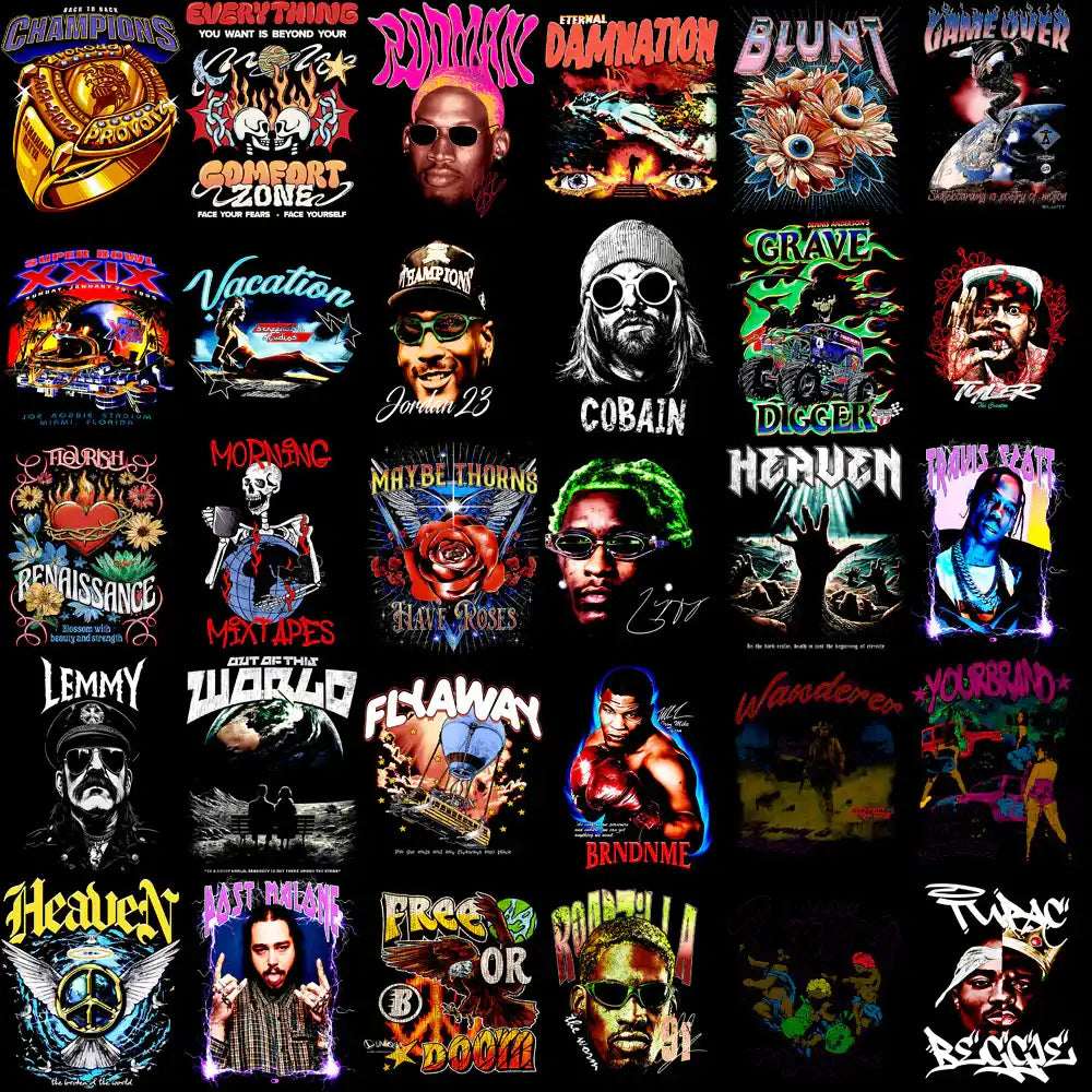 Vibrant t-shirt designs featuring pop culture icons, bold typography, and colorful graphics for DTF/DTG printing.