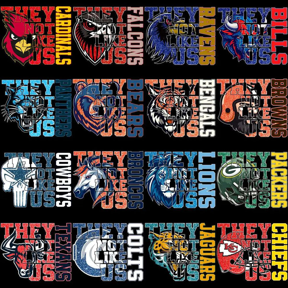NFL team designs with 'They Not Like Us' text for DTF/DTG and embroidery