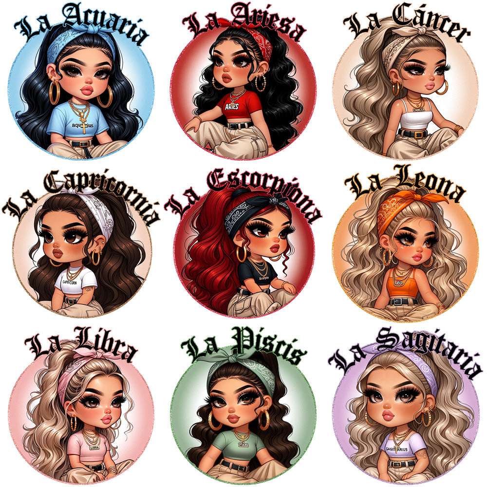 12 Zodiac Chicana Girl Designs Bundle PNG