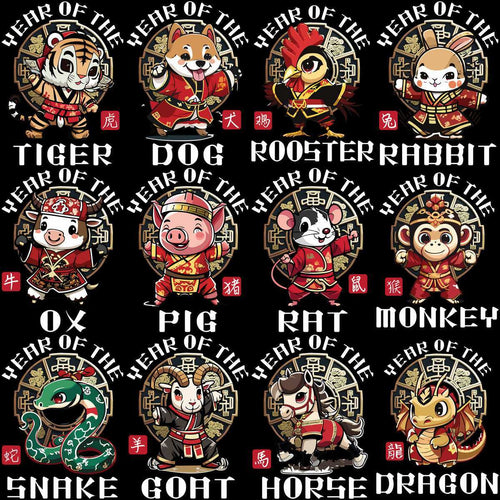 12 Chinese Year Zodiac Signs Designs Bundle PNG