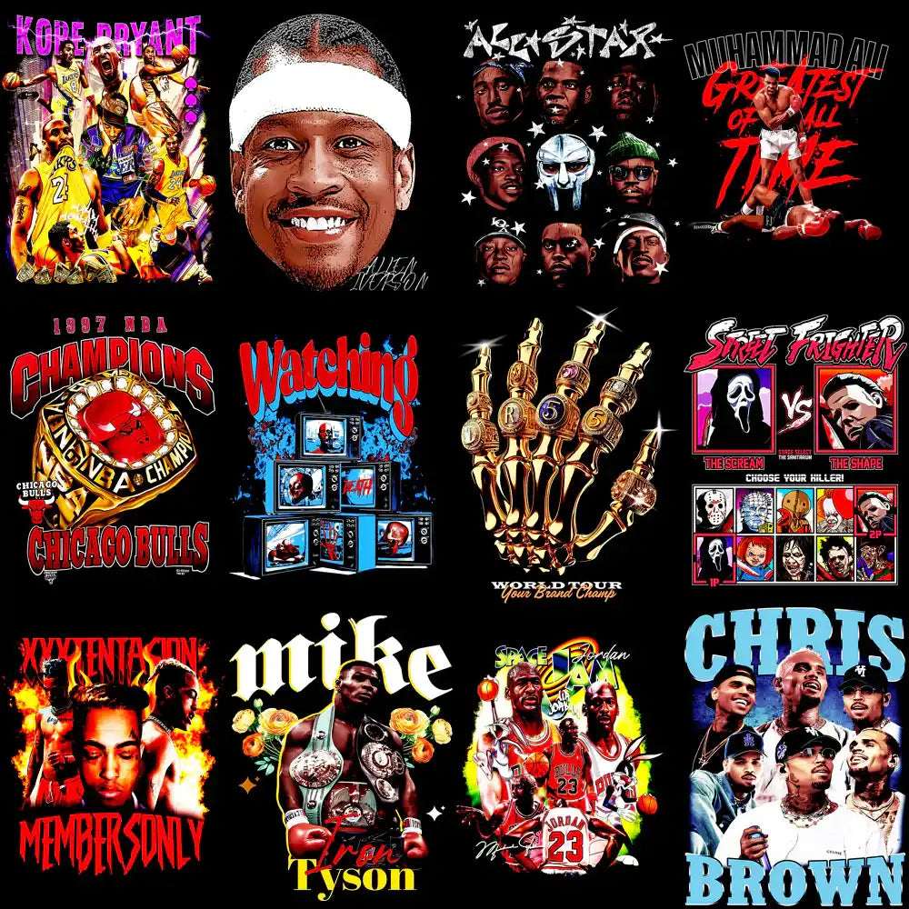 Sports & pop culture t-shirt designs featuring NBA, boxing, horror icons, and streetwear art for DTG/DTF printing