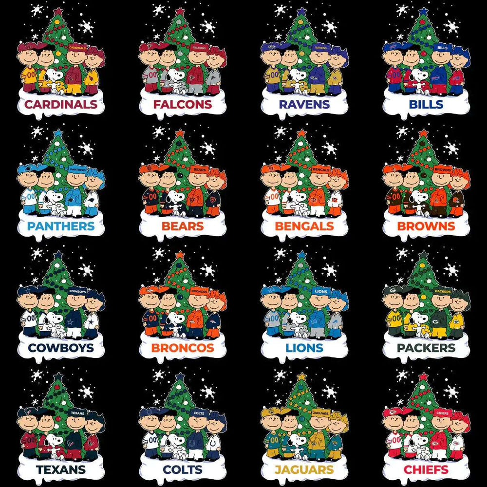 NFL team Christmas designs with Peanuts characters, festive trees, and snowflakes for holiday apparel.
