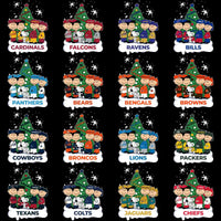 Load image into Gallery viewer, NFL team Christmas designs with Peanuts characters, festive trees, and snowflakes for holiday apparel.
