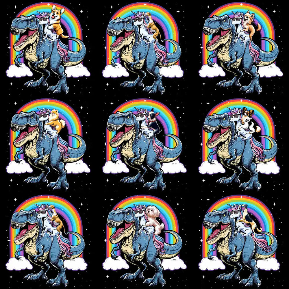 Dinosaur with unicorn dog riding, rainbow, stars, clouds, print-ready design