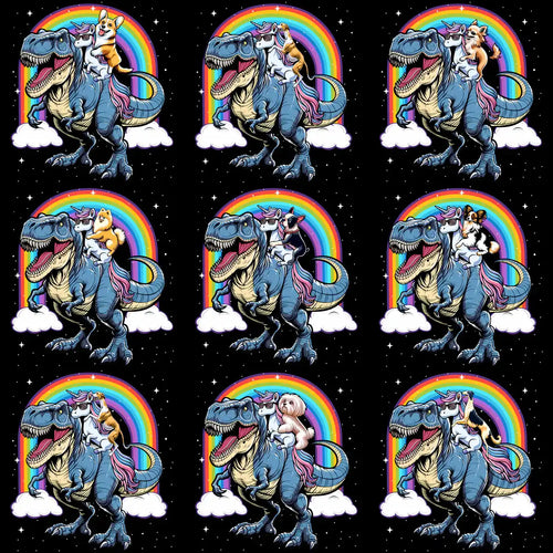 Dinosaur with unicorn dog riding, rainbow, stars, clouds, print-ready design