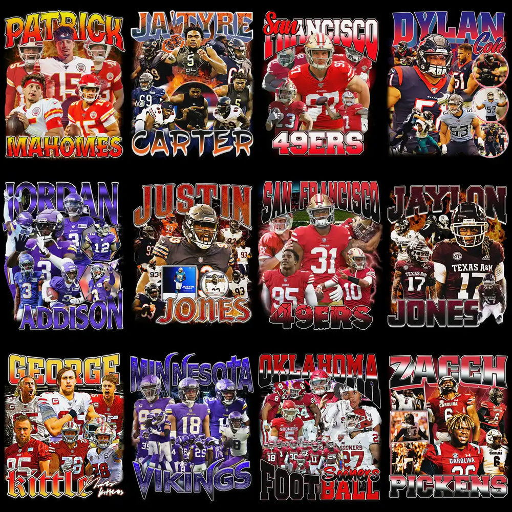 Football player designs for DTF/DTG, embroidery, and tumbler wraps featuring NFL stars and teams.