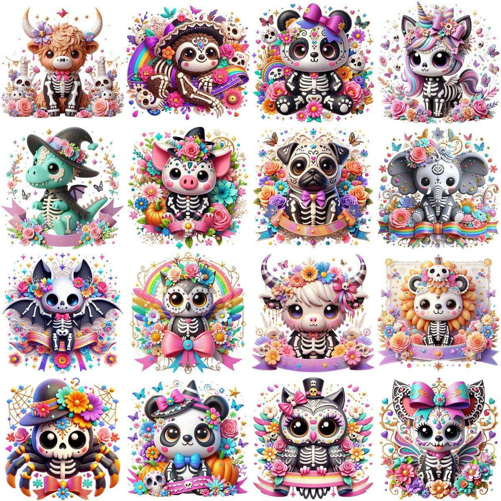 Cute Day of the Dead animal designs with flowers, skeletons, and vibrant colors for DTF/DTG printing