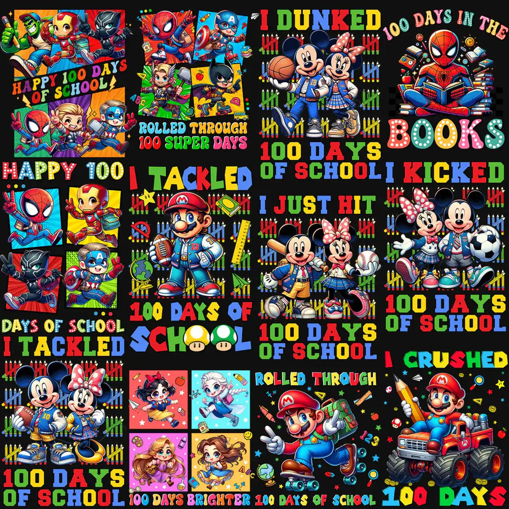 100 Days of School designs featuring superheroes, Mickey & Minnie, Mario, and Disney princesses for DTF/DTG printing