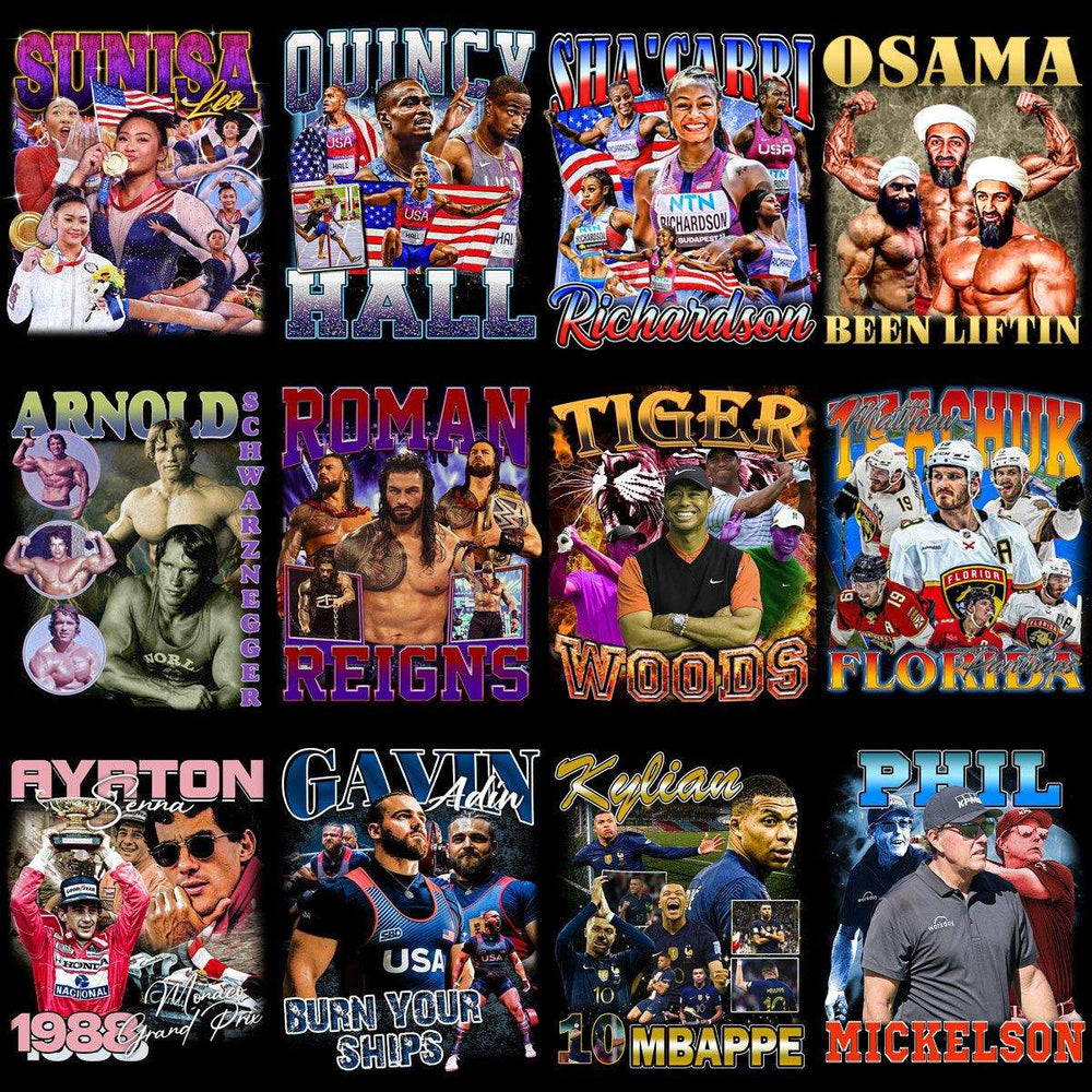 Athlete collage featuring Sunisa Lee, Quincy Hall, Sha'Carri Richardson, Arnold Schwarzenegger, Roman Reigns, Tiger Woods, and more—perfect for DTF, DTG, embroidery designs.