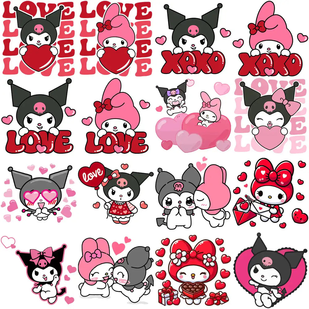 Cute Kuromi & My Melody Valentine designs with hearts, LOVE, XOXO, perfect for DTF, DTG, embroidery, tumbler wraps