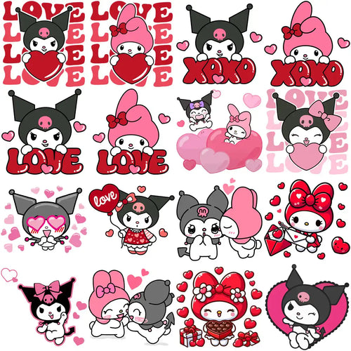 Cute Kuromi & My Melody Valentine designs with hearts, LOVE, XOXO, perfect for DTF, DTG, embroidery, tumbler wraps