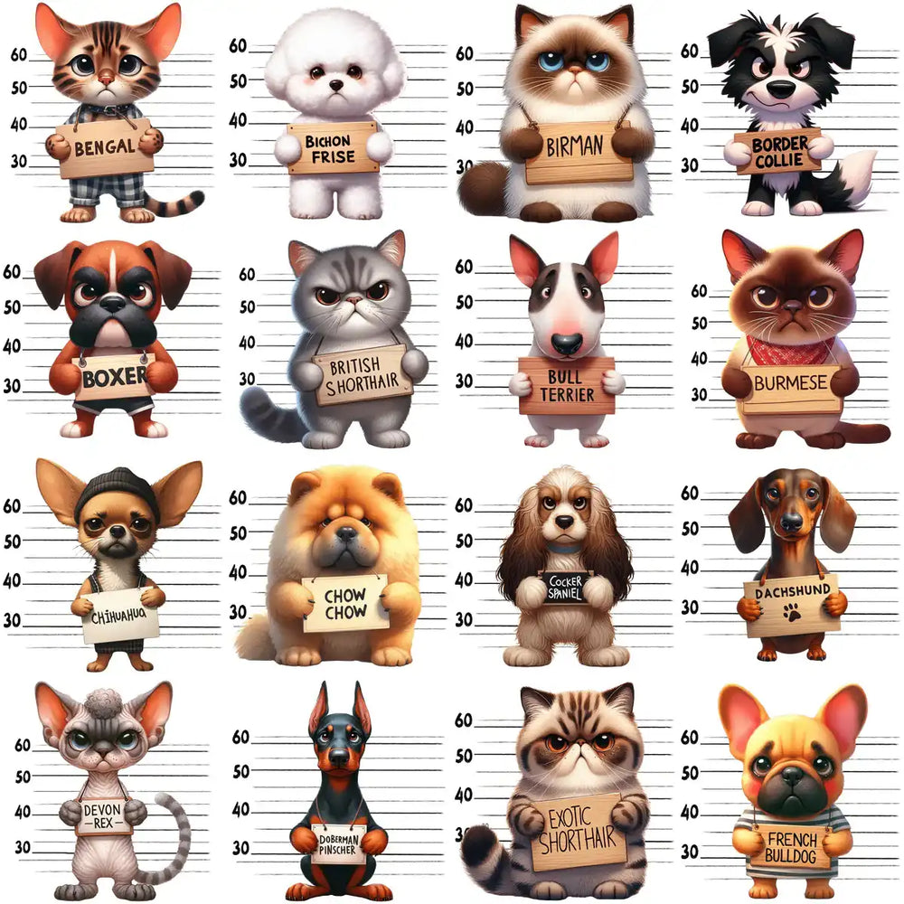 Cute cartoon dogs and cats in mugshot style, each holding breed name signs, perfect for DTF/DTG designs.