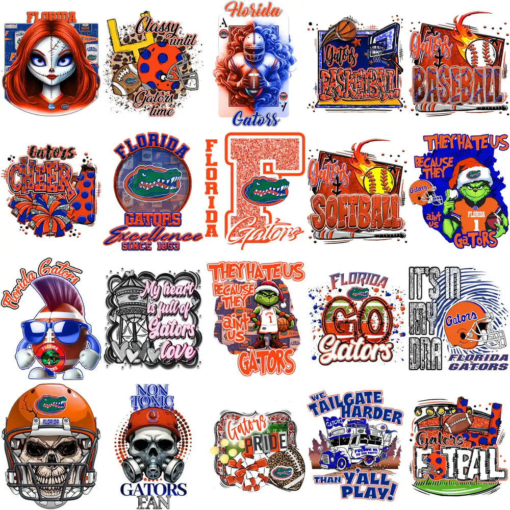 Florida Gators sports designs for DTF, DTG, embroidery — football, baseball, cheer, softball, tailgate themes