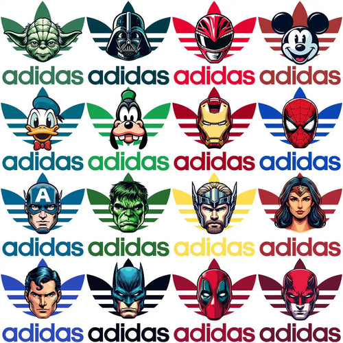 Pop culture characters in Adidas-style logos for DTF/DTG designs