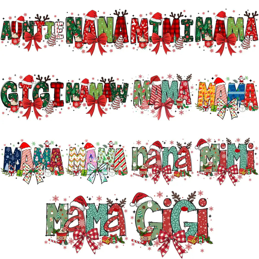 Festive Christmas-themed family titles with bows, hats, and holiday patterns for print designs