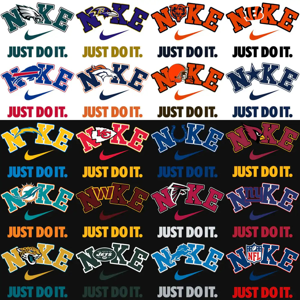 NFL team logos with Nike swoosh and Just Do It slogan, print-ready designs for apparel