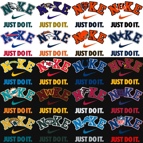 NFL team logos with Nike swoosh and Just Do It slogan, print-ready designs for apparel