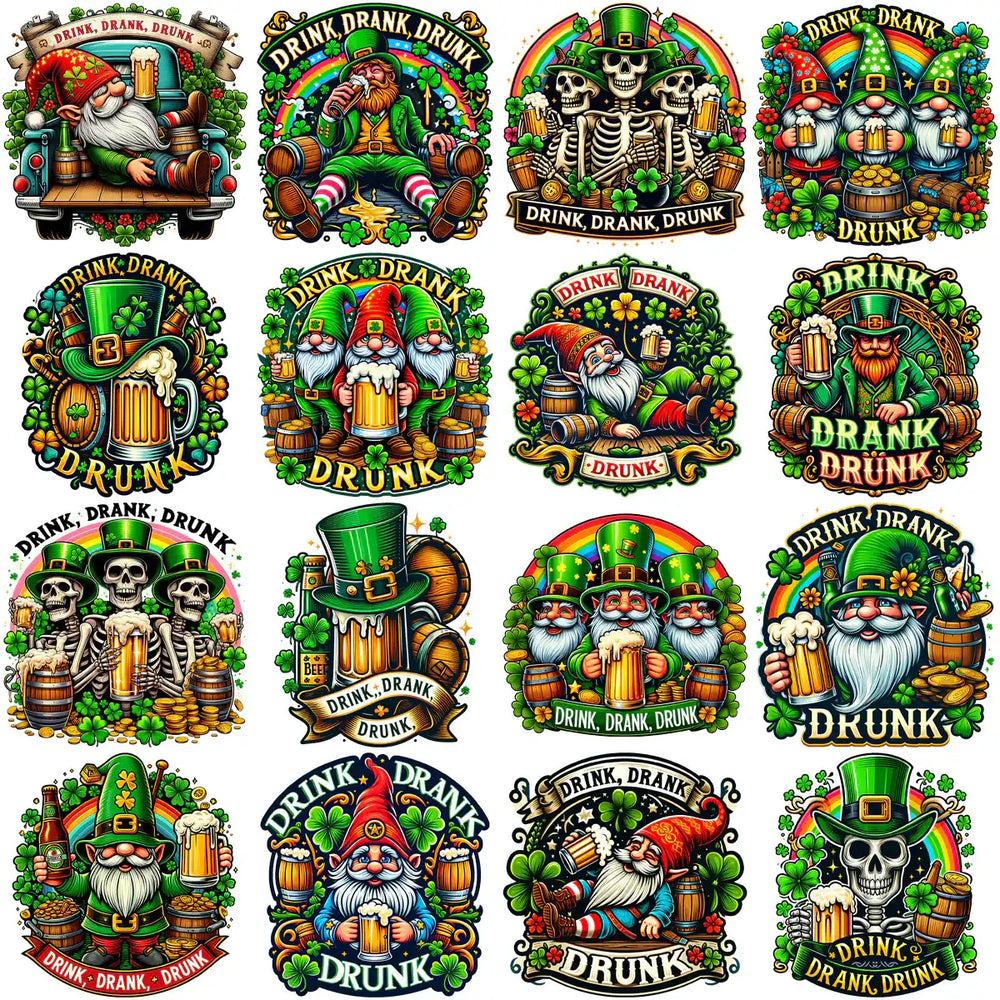 St. Patrick’s Day designs with leprechauns, skeletons, beer, shamrocks, and ‘Drink Drank Drunk’ text for DTF, DTG, embroidery