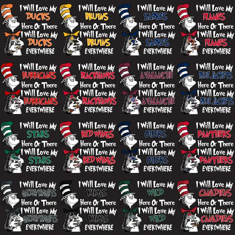 Dr. Seuss Cat in Hat sports team designs for DTF DTG printing, featuring NHL teams like Ducks, Bruins, Sabres, Flames, Hurricanes, Blackhawks, Avalanche, Blue Jackets, Stars, Red Wings, Oilers, Panthers, Golden Knights, Kings, Wild, Canadiens