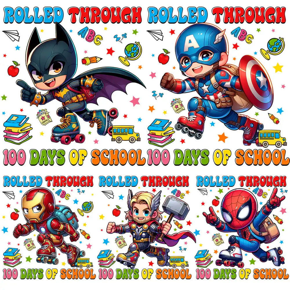 Cute superhero kids celebrating 100 days of school with roller skates, books, and school buses