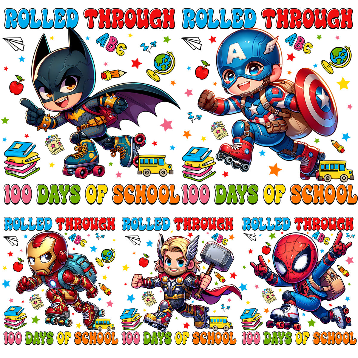 5 Cartoon Boys Super Heroes 100 days school Designs Bundle PNG