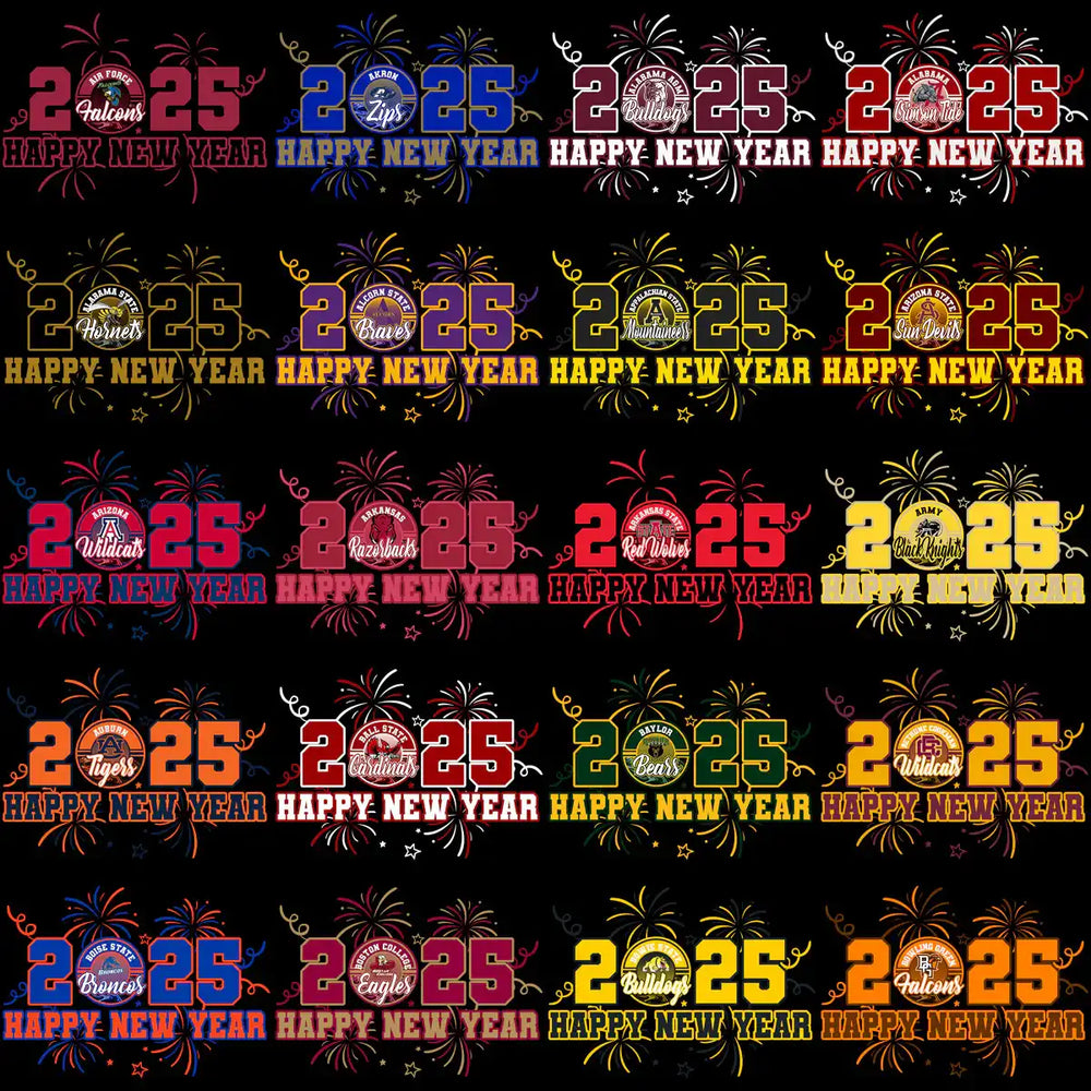 2025 Happy New Year college team designs with fireworks, print-ready for DTF/DTG and embroidery